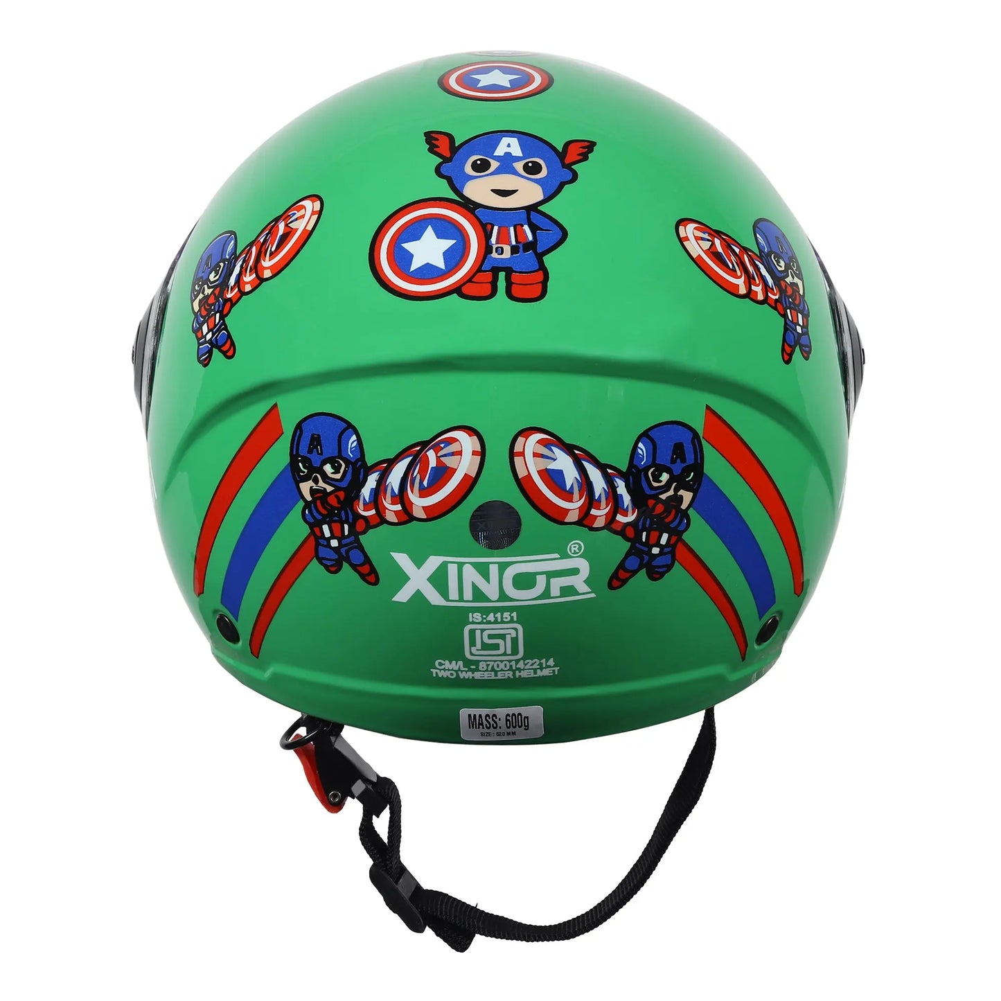 Kids' Open-Face Helmet by Xinor with Captain America Sticker – ISI Certified (Green) Xinor HelmetXinor Helmet ISI Certified By Xinor