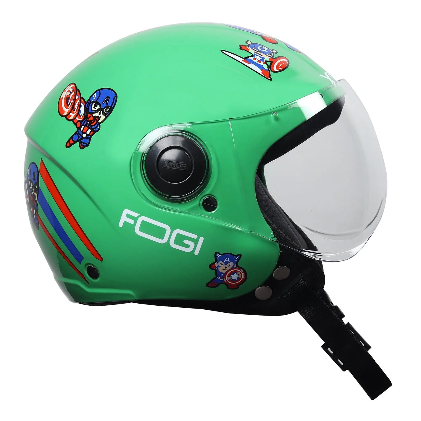 Kids' Open-Face Helmet by Xinor with Captain America Sticker – ISI Certified (Green) Xinor HelmetXinor Helmet ISI Certified By Xinor