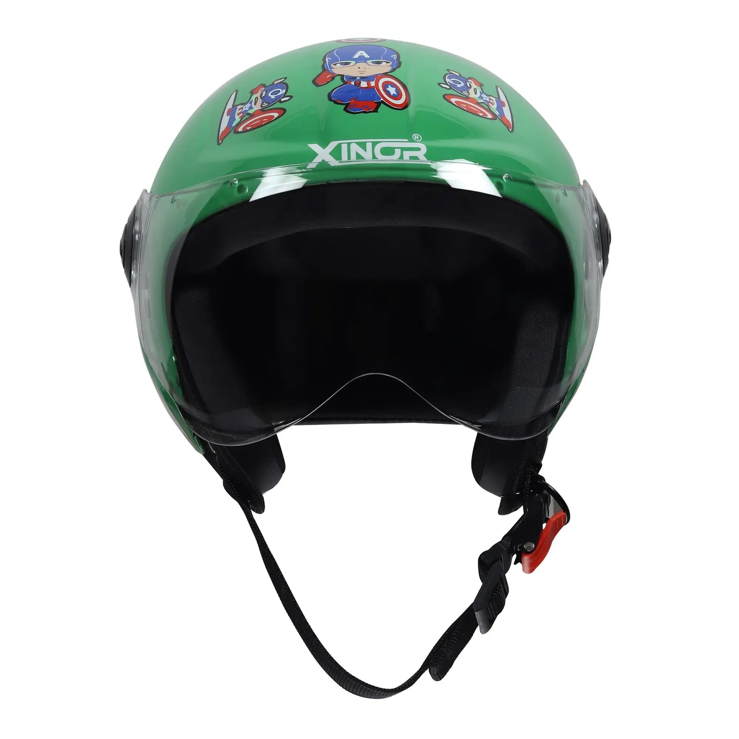 Kids' Open-Face Helmet by Xinor with Captain America Sticker – ISI Certified (Green) Xinor HelmetXinor Helmet ISI Certified By Xinor