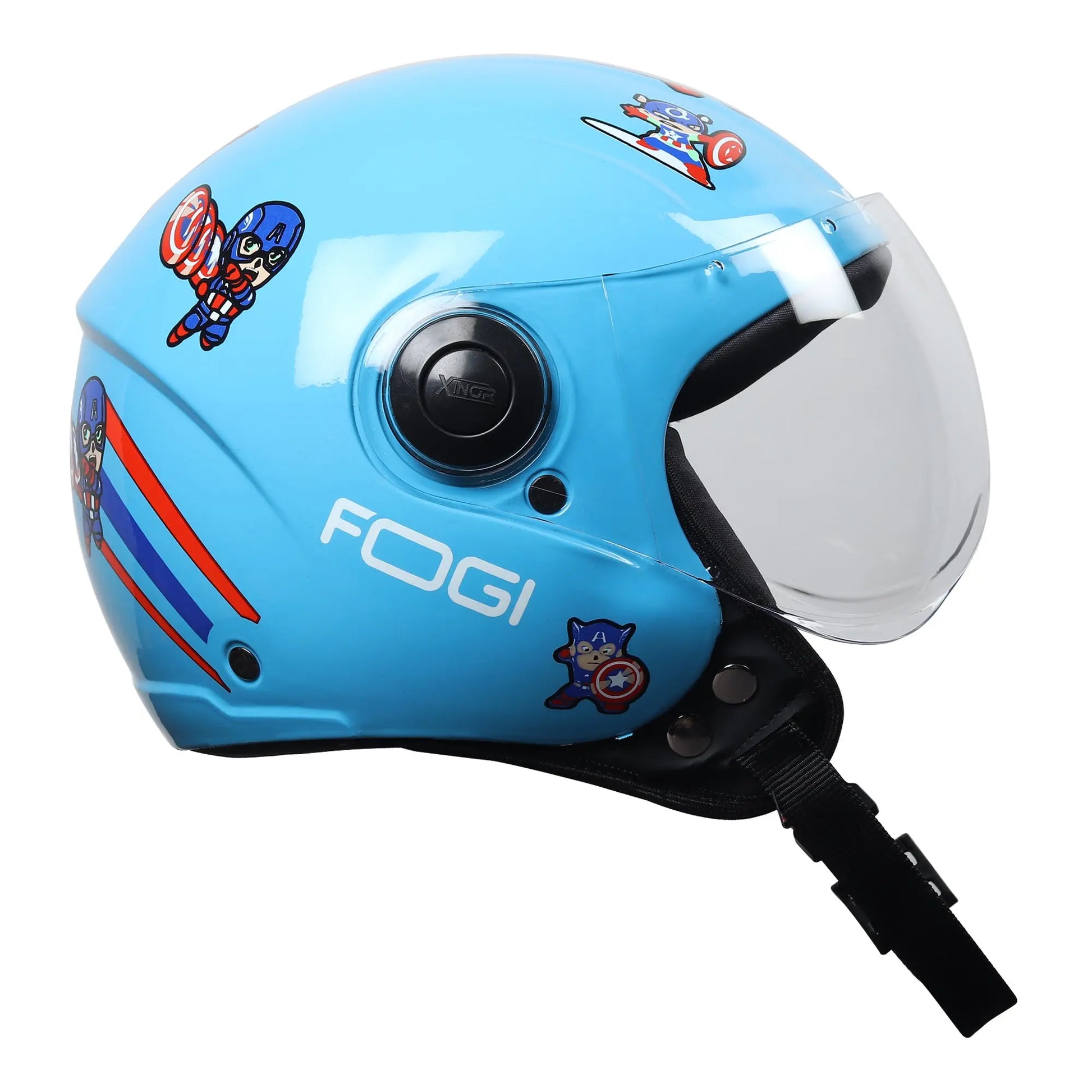 Kids' Open-Face Helmet by Xinor with Captain America Sticker – ISI Certified (Blue) Xinor HelmetXinor Helmet ISI Certified By Xinor