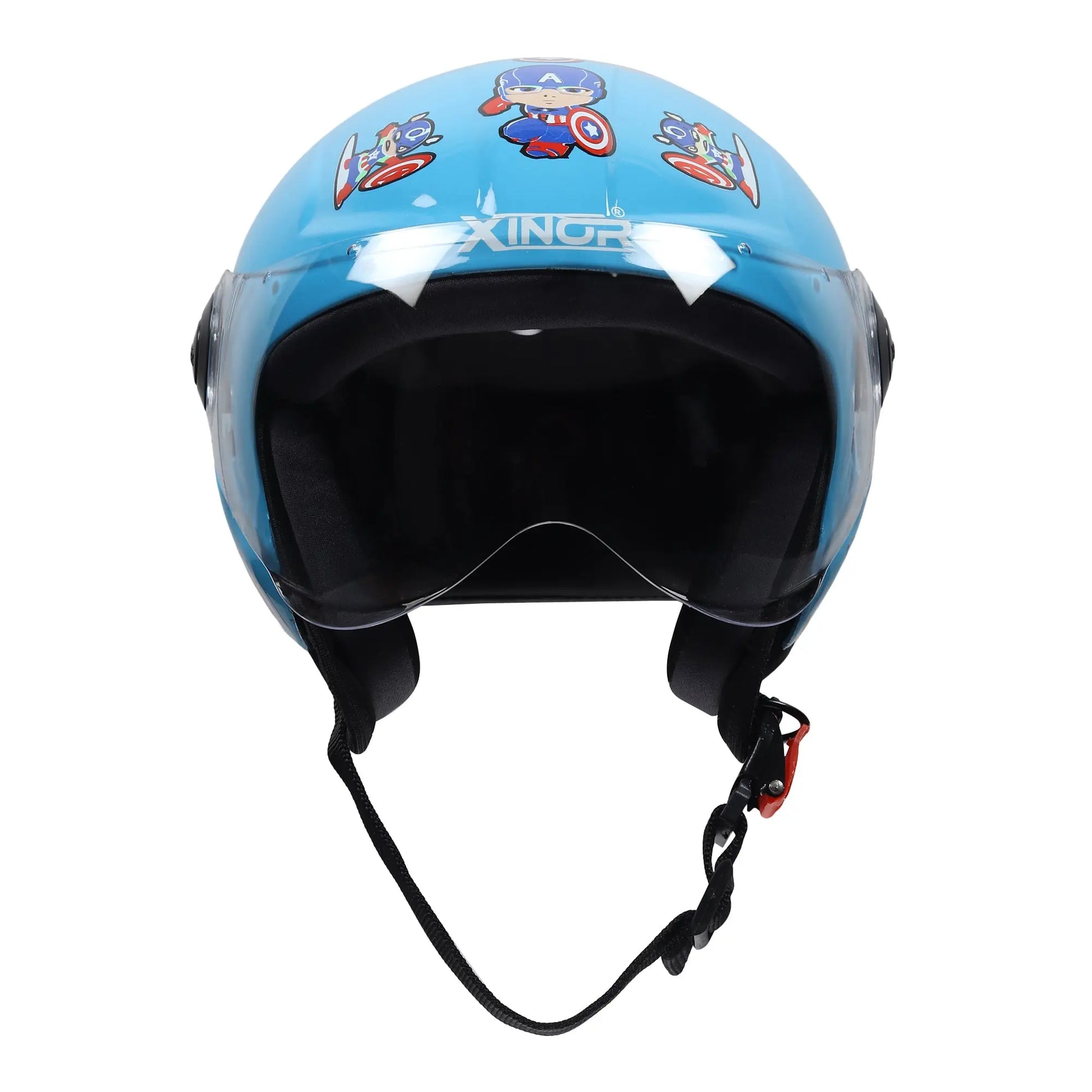 Kids' Open-Face Helmet by Xinor with Captain America Sticker – ISI Certified (Blue) Xinor HelmetXinor Helmet ISI Certified By Xinor