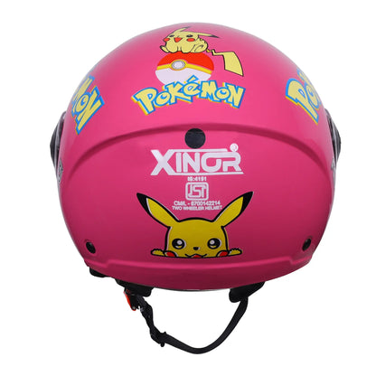 Xinor Kids' Open-Face Motorcycle Helmet – Pokémon Sticker Design (ISI Certified) - Pink Xinor HelmetXinor Helmet ISI Certified By Xinor